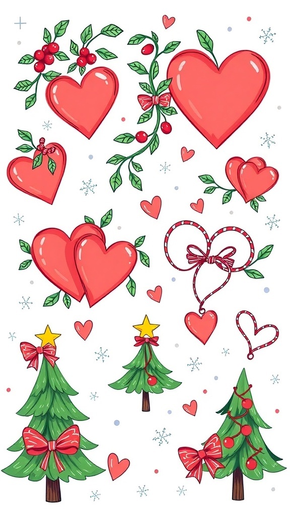Romantic Christmas doodles with hearts, mistletoe, and Christmas trees.